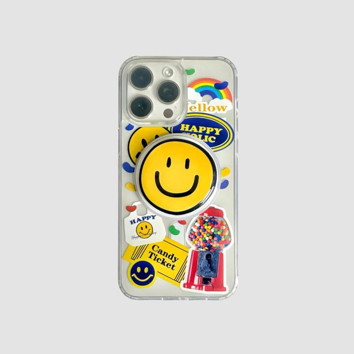 Clear acrylic iPhone case with colorful stickers, yellow smiley holder, and gumball machine design.