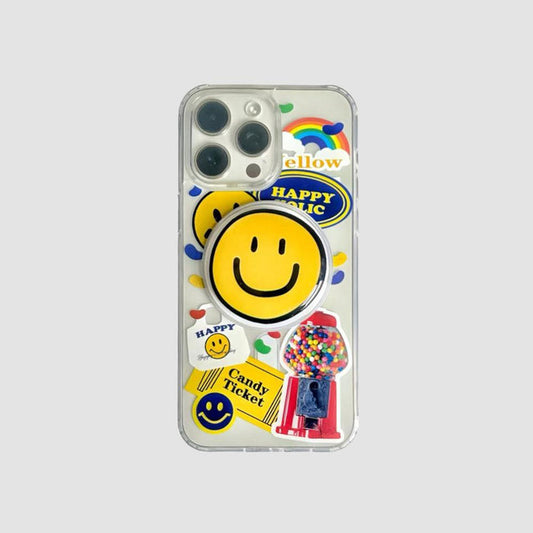 Clear acrylic iPhone case with colorful stickers, yellow smiley holder, and gumball machine design.