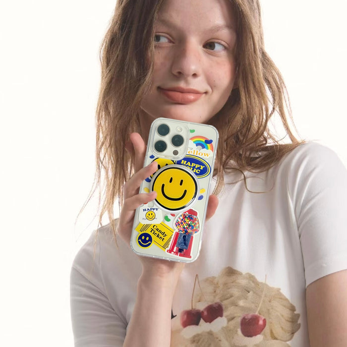 Held by person, Acrylic Happy Stickers case with a yellow smiley magnetic holder. Fun portable accessory.