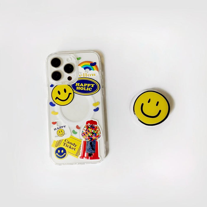Model holding Happy Stickers Case. Built-in magnetic holder with playful graphics on high-quality acrylic.