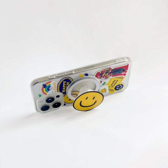 Side view of Happy Stickers Case. Practical magnetic holder paired with a playful array of colorful graphics.