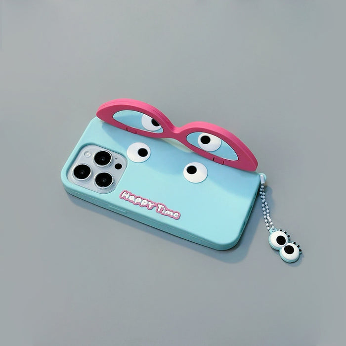 Light blue silicone case with pink cartoon eyes and dangling charm. Unique Happy Time creative typography.