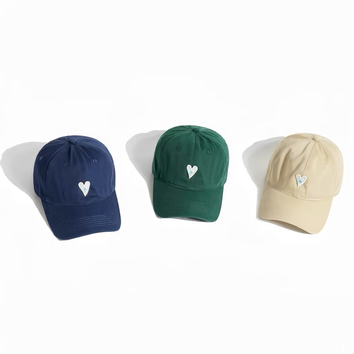 3 colors of the heart embroidery cap in various pastel tones, including navy blue, green, beige hat.