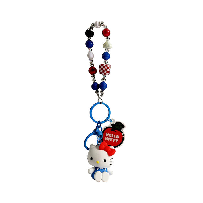 Angled view of Hello Kitty Bag Charm with beads strap, easy to attach to bags and phones.