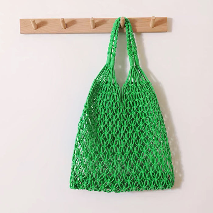 Front view of Hollow Crochet Tote Bag in green, ideal for errands and gifting.