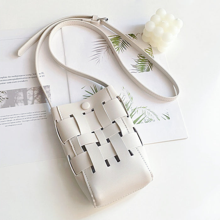 Front view of Hollow Design Woven Leather Crossbody Bag in white, ideal for errands and gifting.