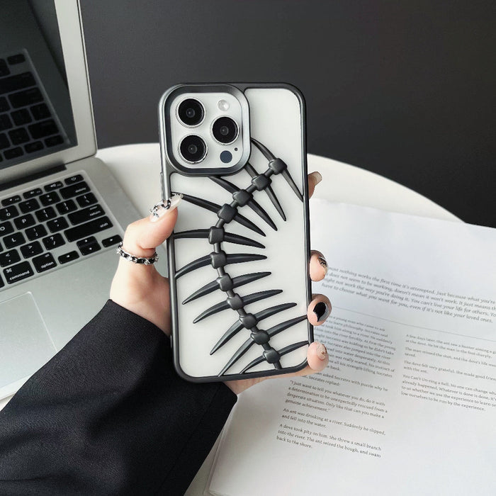 Model holding Hollow Fishbone Phone Case in matte grey. Unique hollowed-out style in silicone & faux leather.