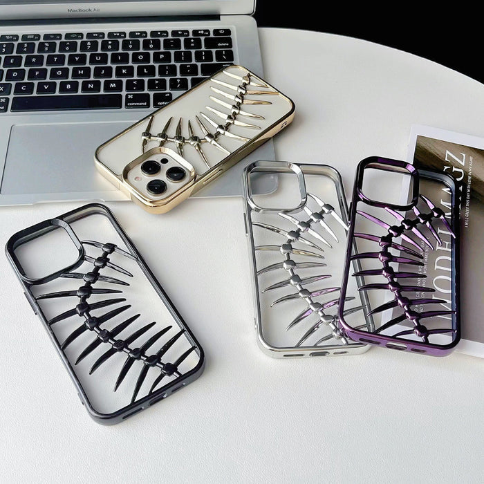 Display showing 4 colors of Hollow Fishbone Phone Case: gold, silver, black, and grey trendy accessories.