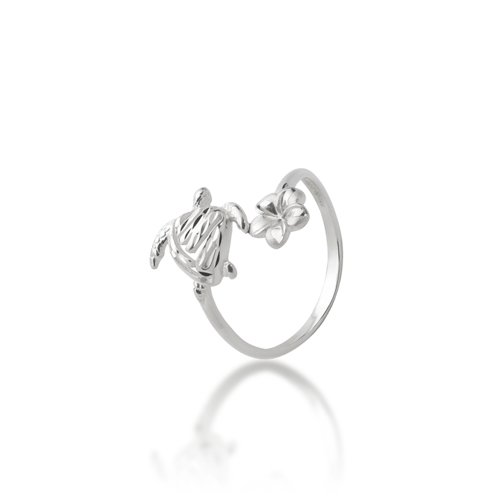 Honu and Plumeria Bypass Ring in Sterling Silver on a white background