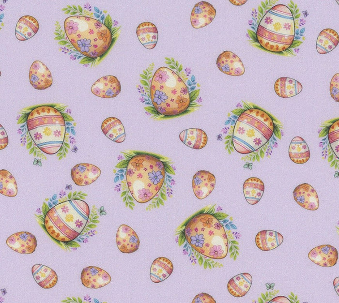 Hoppy Easter Eggs on Purple Lavender 100% Cotton Price per Yard