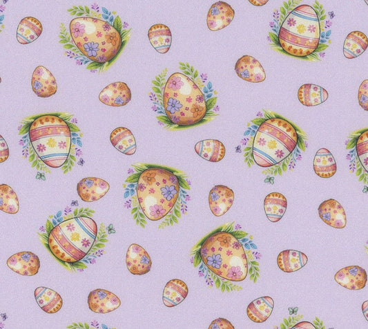 Hoppy Easter Eggs on Purple Lavender 100% Cotton Price per Yard