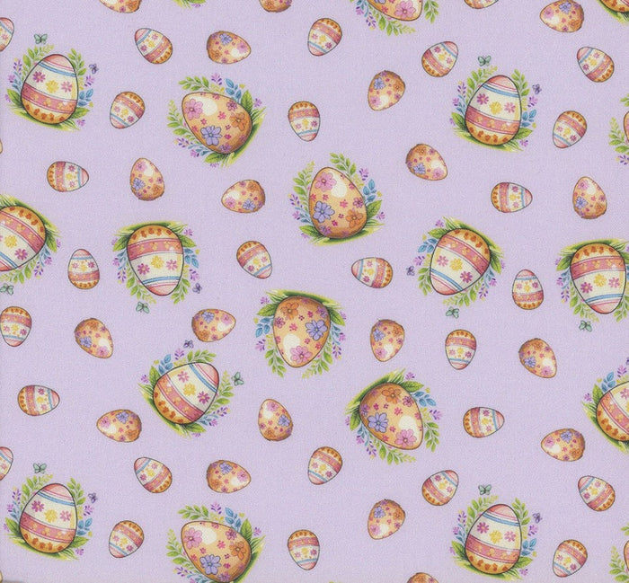 Hoppy Easter Eggs on Purple Lavender 100% Cotton Price per Yard