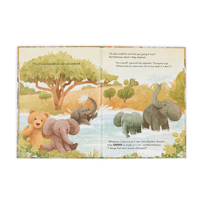 Illustrated book open to a page with elephants and a teddy bear in a natural setting.