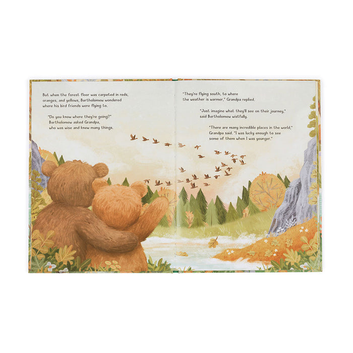 Illustration of two teddy bears hugging with a scenic background and text.