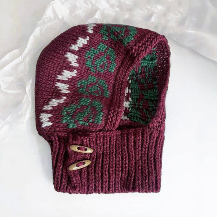 Front view of Jacquard Knitted Balaclava, knitted from fine natural wool with intricate patterns for thermal comfort.