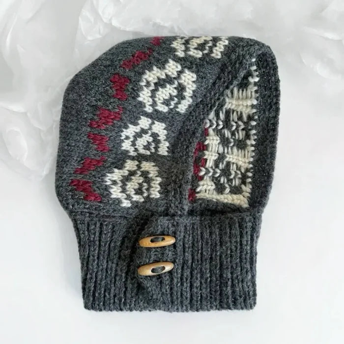 Front view of Jacquard Knitted Balaclava in grey, knitted from fine natural wool with an elegant artisanal weave.