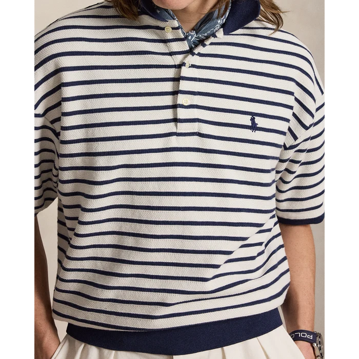 Jacquard Striped Polo in Navy - Madison's Niche