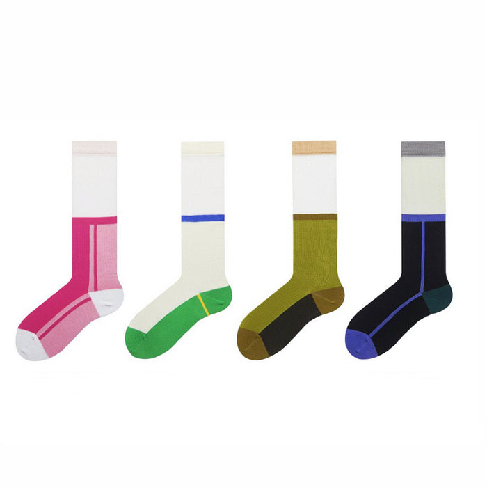 Front view of 4 colors of Juicy Patchwork Knee-high Socks, great for daily wear and lounging.
