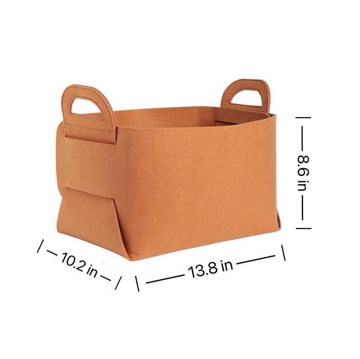 Product image of the tan foldable felt storage basket with dimensions.