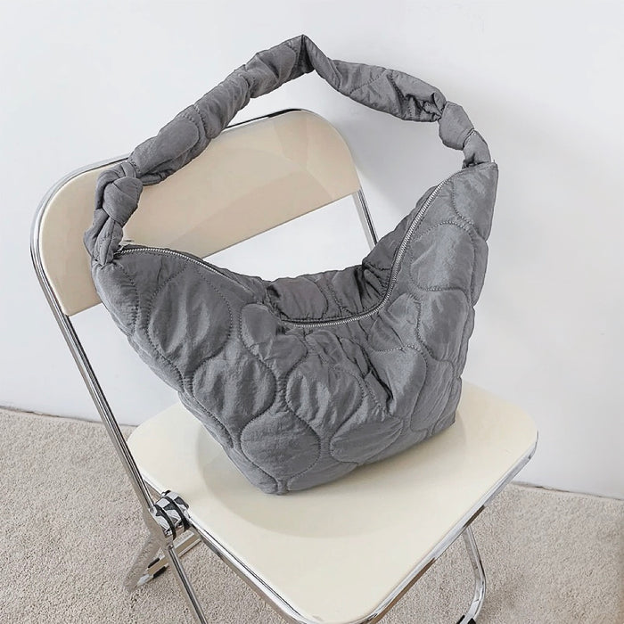 Front view of Large Quilted Slouchy Bag in gray, ideal for errands and gifting.