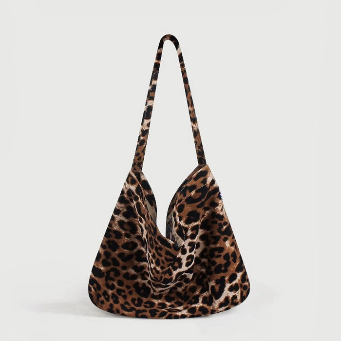 Brown and black leopard print polyester leisure tote bag, 15.7W x 13.8H.