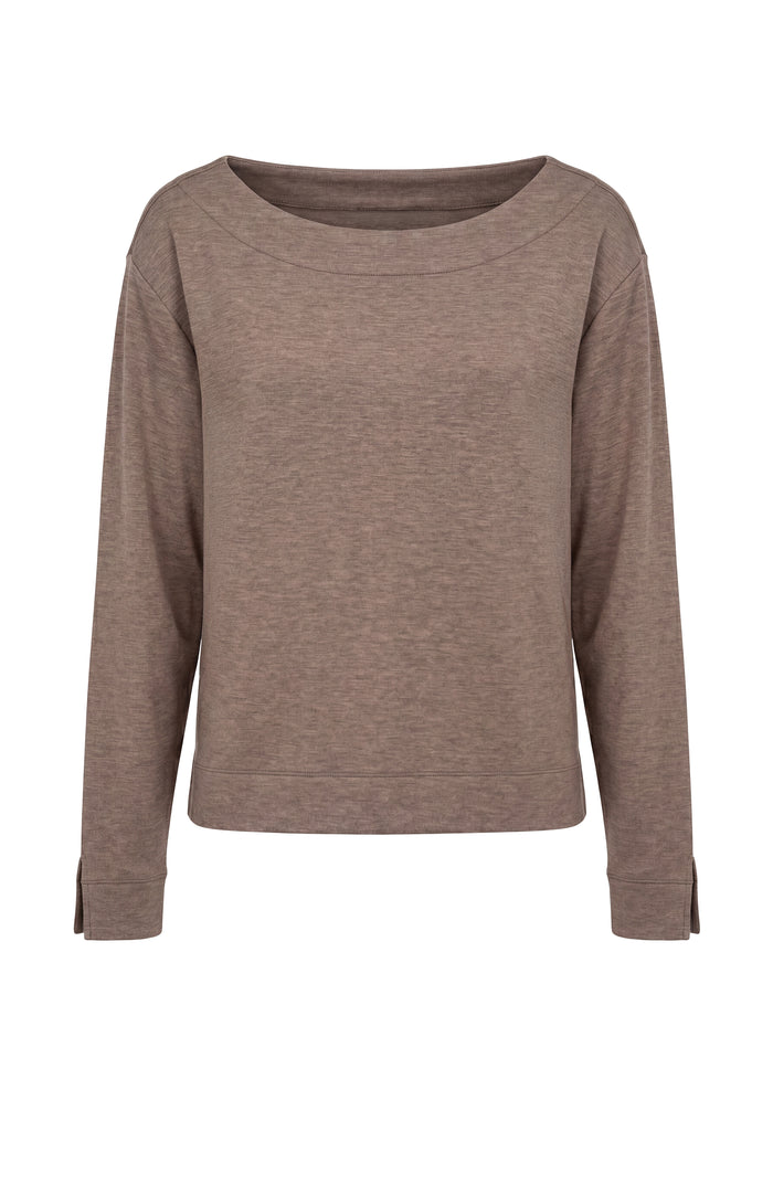 Long Sleeve Boat Neck Top in Heathered Taupe