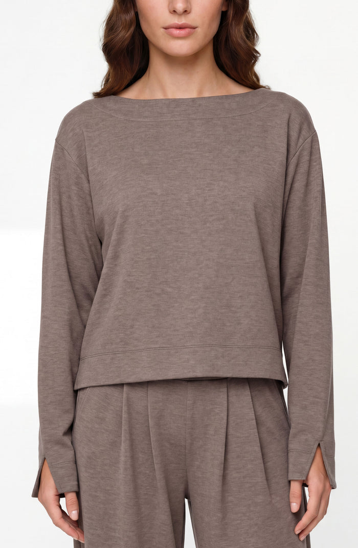 Long Sleeve Boat Neck Top in Heathered Taupe