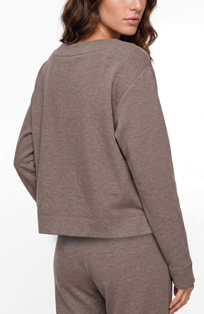 Long Sleeve Boat Neck Top in Heathered Taupe