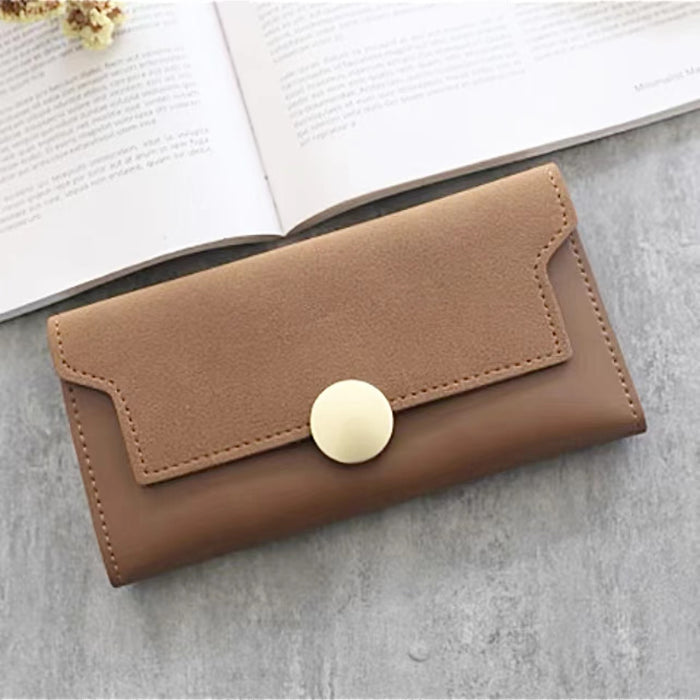 Front view of Long Wallet With Nubuck Leather Flap in brown, ideal for commuting and gifting.