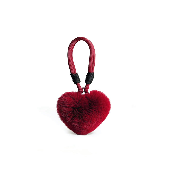 Front view of red love fluff bag charm, ideal for everyday outfits and street style.