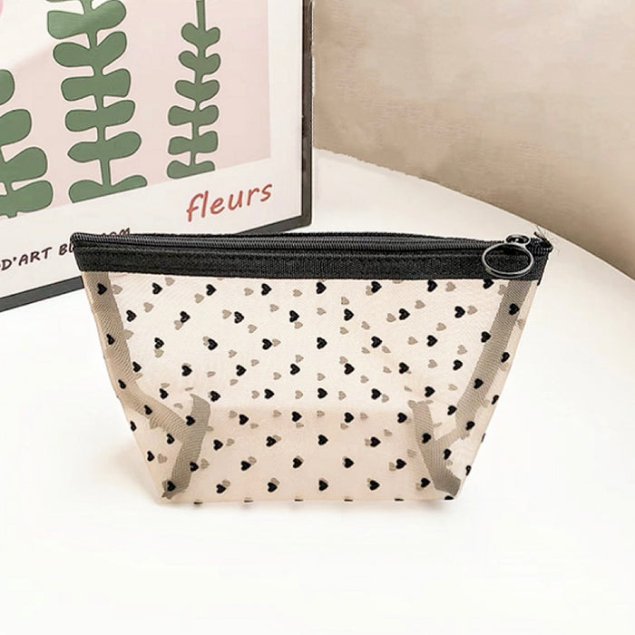 Trapezoid shaped organza cosmetic pouch; stylish and lightweight mesh organizer under $20.