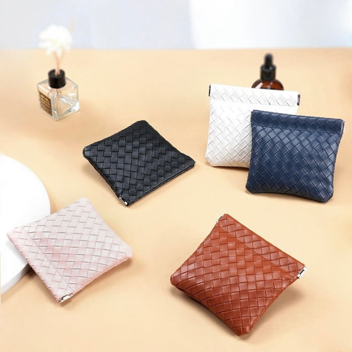 Magnetic self-closing storage bags in black, navy, white, pink and brown; woven-texture pouches for travel.