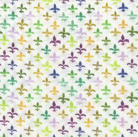 Mardi Gras Fleur De Lis on White 100% Cotton Sold by the Yard Novelty