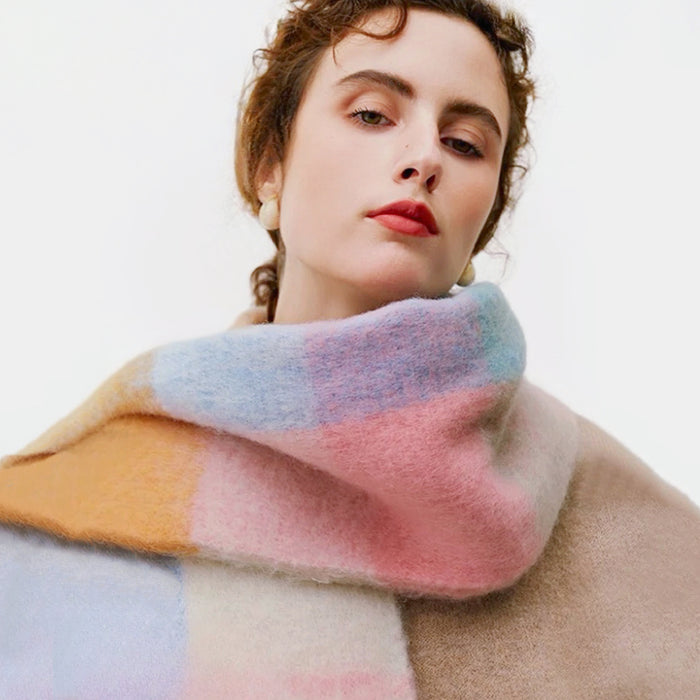 Model wearing the oversized gradient plaid scarf , ideal for daily wear.