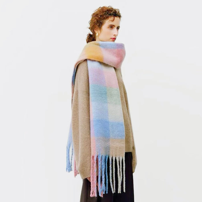 Model wearing the oversized gradient plaid scarf for a cozy winter look.