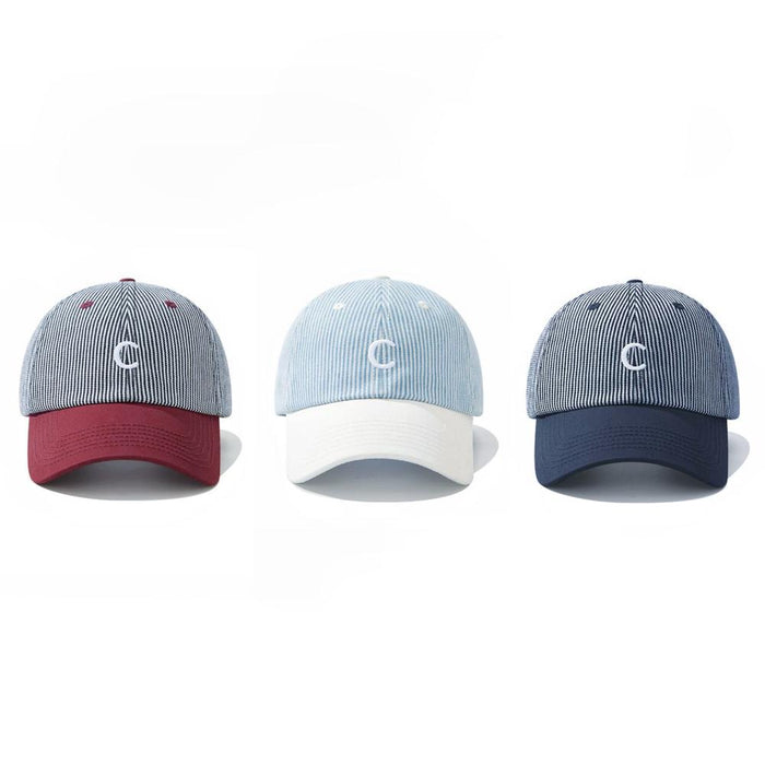 Three Mash Up Stripe C Caps in red, light blue, and navy with pinstripes, ideal for sporty urban streetwear.