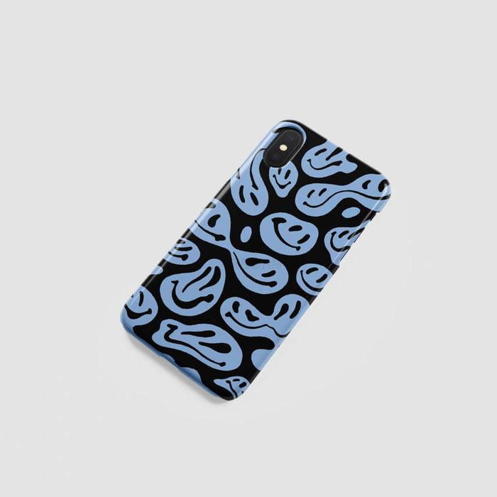 Black silicone iPhone case with a vibrant melting light blue smiling face. Warped creative graphic.