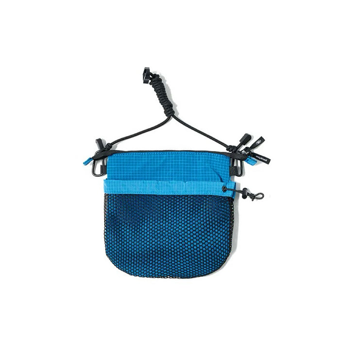 Close-up of Blue nylon Mesh Vogue Crossbody Bag with black mesh pocket and adjustable drawstring strap.