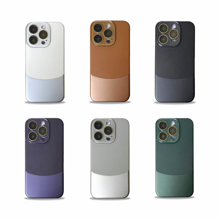 Six metal and PU leather splicing cases in white, brown, black, purple, grey, and green. Multi-color set.