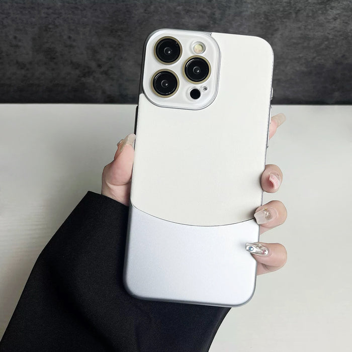 Model holding white Metal Leather Splicing Case. Sleek minimalist contrast for professional daily look.