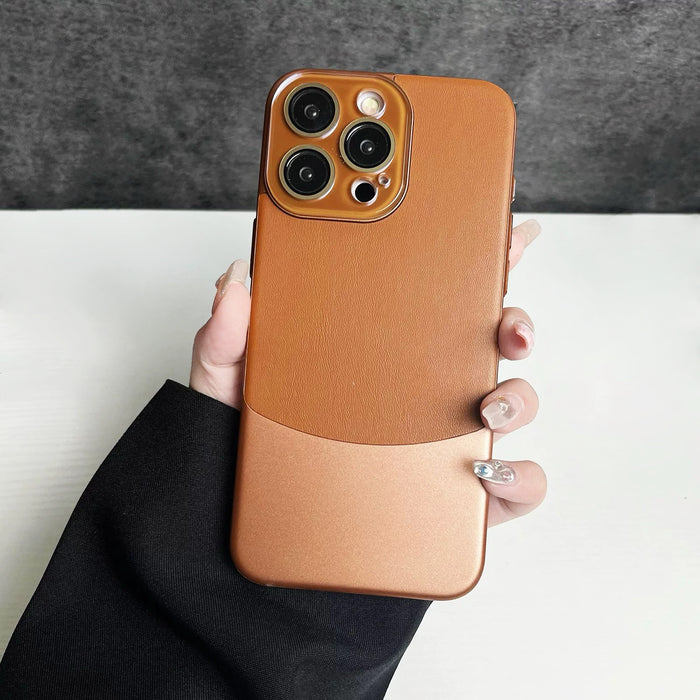 Model holding brown Metal Leather Splicing Case. Sophisticated earthy tones with a resilient silicone frame.