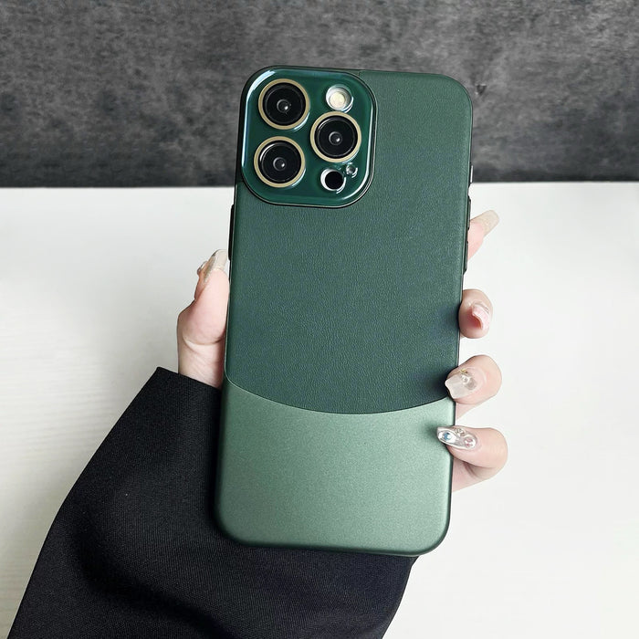 Model holding green Metal Leather Splicing Case. Vibrant metallic texture integrated with premium faux leather.