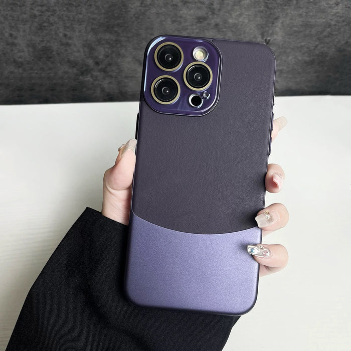 Close-up of Metal Leather Splicing Case. Detailed texture of soft-touch faux leather and metallic accents.