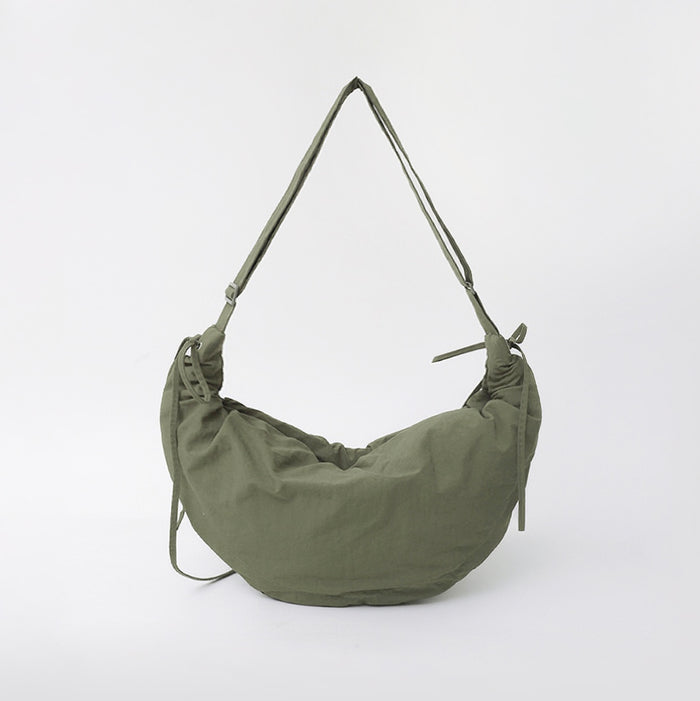 Olive green version of the duvet crescent bag featuring the ruched texture.