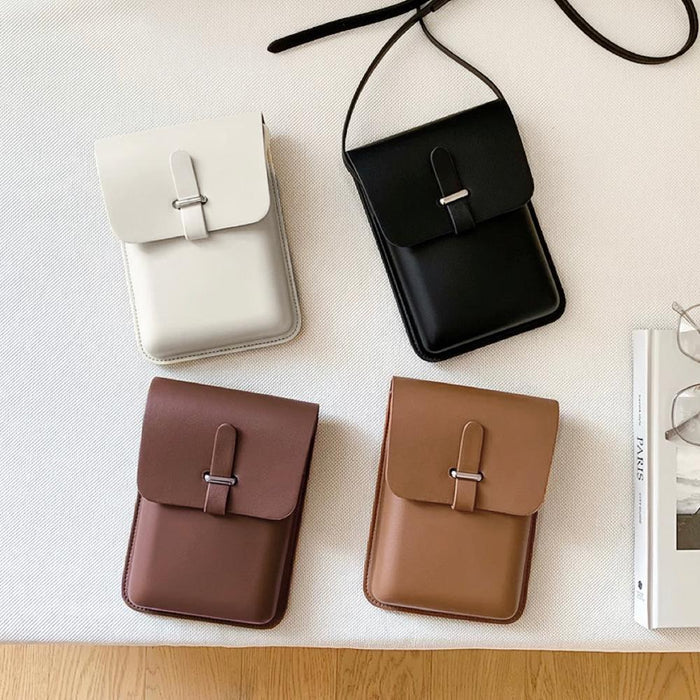 Front view of Four minimalist rigid PU leather crossbody bags in white, black, brown, and tan with loop through.