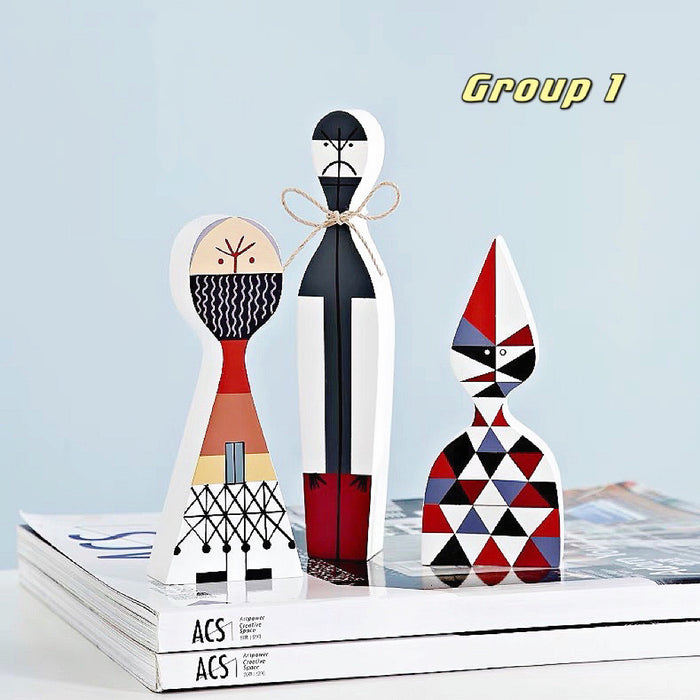 Close-up of Modern Abstract Wooden Figurines in group one.