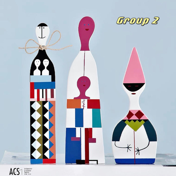 Flat lay of Modern Abstract Wooden Figurines  in group two.