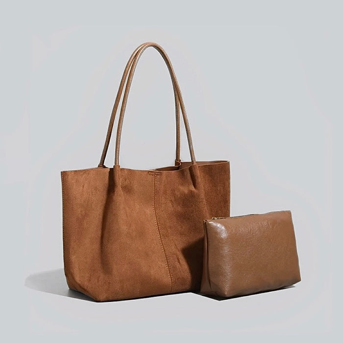 Modern Muse Suede Tote  in Caramel including a secure independent interior zip pouch for organization.
