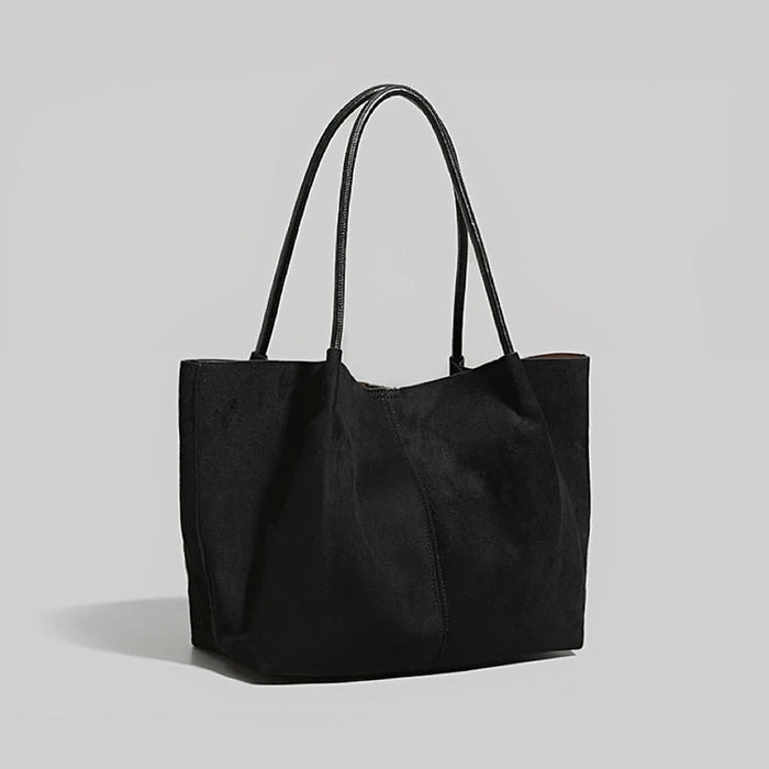 Modern Muse Suede Tote in Black - Front view on white background - Large vegan suede carryall.