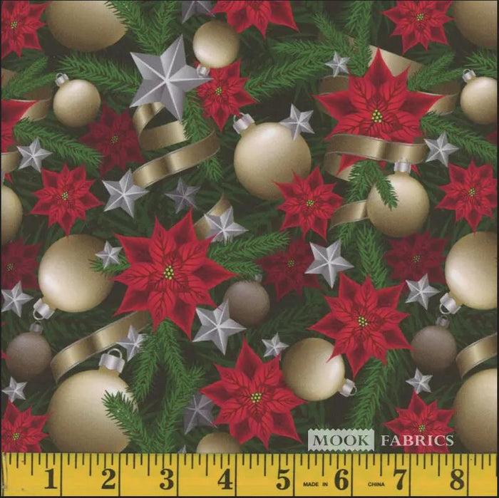 Mook Fabrics Christmas Gold Ornaments and Ribbons Poinsettias 100% Cotton Fabric By the yard